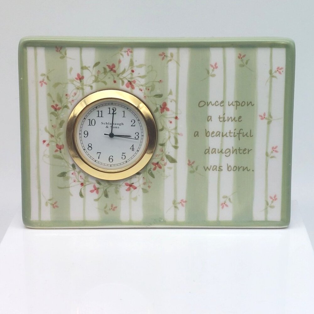 Vintage Demdaco Ceramic Clock, Pastel Florals on Mint Green Stripes, 2003 Time f